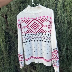 Vintage-Inspired Cream Knit • Pink & Red Patterned Sweater • Women’s S